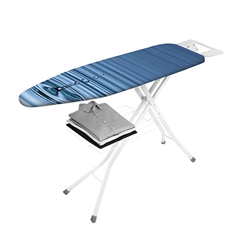 Metaltex Orione Ironing Board - Height Adjustable with Iron Metal Iron Rest and Linen Shelf - Perfect for Clothes, Bedding, Sheets and Home Essentials - Water Drop Design, 123 x 36 x 20 Centimetres