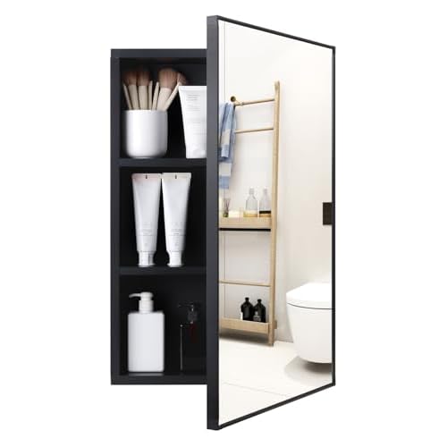 ANTIS'S HOME Medicine Cabinet, Non-recessed Matte Black Aluminum Bathroom Mirror with Storage, 16 x 24 inch Mirror Cabinet Wall Mounted Storage Cabinet, Rectangle Modern Vanity Cabinets