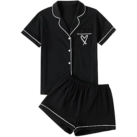 LYANER Women's Pajamas Set Heart Print Button Short Sleeve Shirt with Shorts Sleepwear PJs Set Black Medium Cover