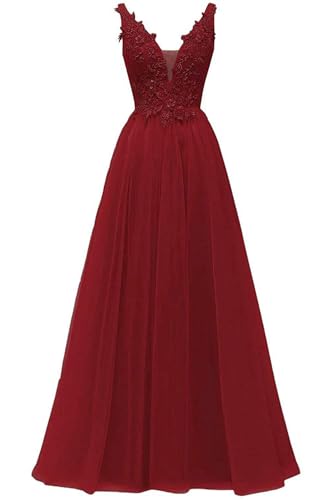 HUINI Abendkleid Rückenfreie Cocktailkleider Prinzessin Tüll Lange Ballkleider Prom Brautjungfer Kleid A-Linie Spitze Hochzeit Partykleid Ärmellos...