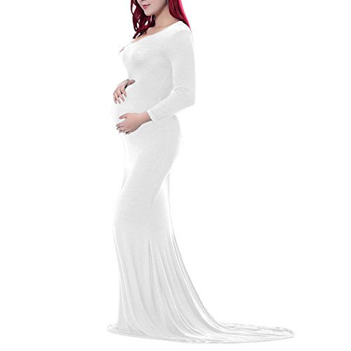 FYMNSI Vestido de maternidad Mujeres Embarazadas Elegante Fotografía Soportes Maternidad Manga Larga Vestido de Noche Largo para Mujeres Embarazadas Sesión de Fotos Ropa de Maternidad, Blanco, M