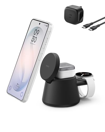 Belkin Ultracharge 3-in-1 Wireless Charging Station w/USB C Port for Smartwatch (watch charger not included) Qi2.2 Magnetic Charger 25W for Samsung S26 Galaxy Watch Apple Watch with 45W Adapter