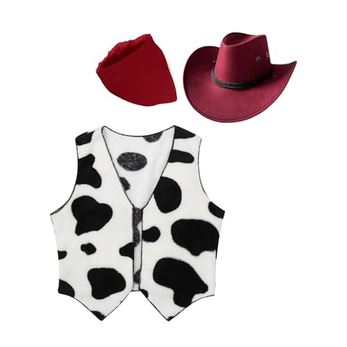 Hansber Kids Cowboy Cowgirl Outfits Open Front Waistcoat Tops Cow Print Vest with Bandana Hats for Halloween Party