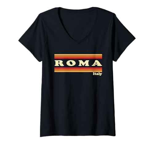 Design audace in stile retrò anni '80 con Roma Italia in tipografia vintage classica con accenti a righe ispirati al tramonto. Perfetto per chi ama la grafica di viaggio iconica e l'estetica retrò nostalgica.