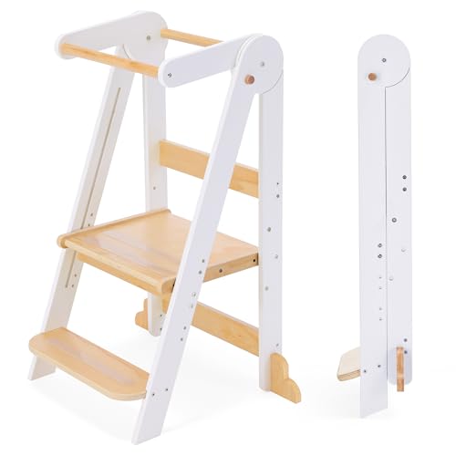 Image of HARPPA Nordi Foldable Toddler Kitchen Tower, Montessori Kitchen Learning Helper, Standing Tower with 3 Adjustable Heights, Suitable Age for 18-48 Months, White