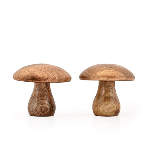 NIRMAN Statues Natural Mango Wood Mushroom Duo Handmade Rustic Figurines for Bookshelf Coffee Table or Seasonal Decoration (3 X 3 X 3)