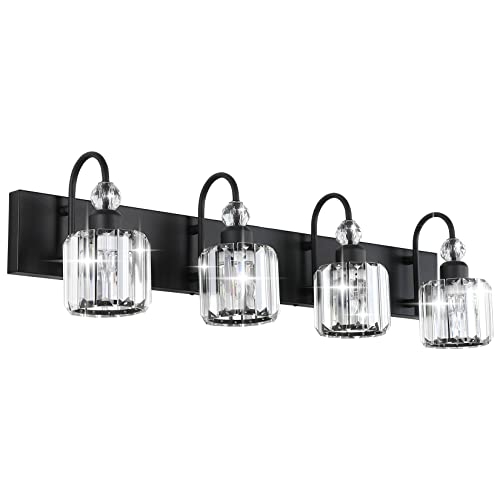 Image of Ralbay Modern Black Vanity Light - 4-Light Crystal Bathroom Wall Light Fixtures in Matte Black