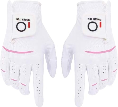 FINGER TEN Womens Ladies Golf Gloves Pair Both Hand or 2 Pack Left Right Hand, All Weather Grip & Comfortable Glove for Serious Performance, Stylish Pink White Fit S M L XL