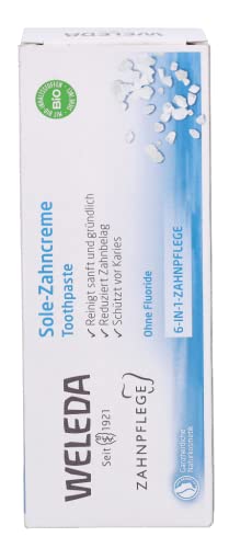 Weleda Dentifricio Salino, dentifricio a base di sale marino senza fluoro, neutralizza gli acidi dannosi e protegge da carie e placca, trattamento 6 in 1 (1x75 ml) - Immagine 3