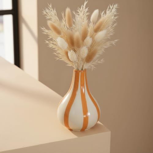 Image of PUREZENTO Yellow & White Striped 'Tulip Bud' Ceramic Vase 6 Inch (Pack of 1) | Unique Modern Bud Vase for Dried Flowers & Pampas Grass | Vases for Modern Home Decor, Living Room & Office Decor Ideas