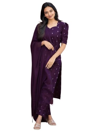 Image of ANNI Designer Women's Purple Printed Kurta Set | Pure Viscose 3 Piece Ethnic Suit Set with Pant & Dupatta | Festive for Women | Cotton Kurta Sets for Woman