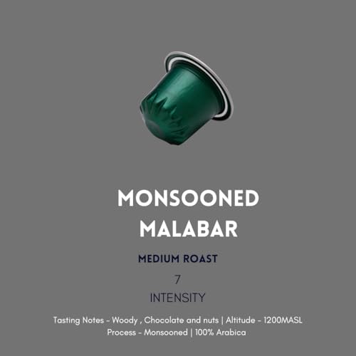 Image of Fresh Brew Co. Monsooned Malabar Coffee Capsules | Intensity 7 | Single Origin 100% Arabica | Nespresso Compatible | Compostable | Aluminium Pods (10 Capsules Per Pack) (Pack of 1)