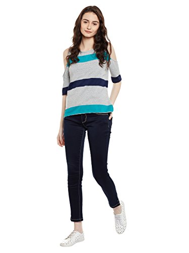 Image of Miss Chase Women's Multicoloured Round Neck Short Sleeves Striped Cold Shoulder Top