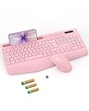 Tastatur Maus Set kabellos, 2.4G keine Latenz Ergonomische Tastatur kabellos Set, Handballenauflage, Telefonhalter, Akku im Lieferumfang enthalten, Leise Maus und Tastatur für Laptop, PC, Windows-Rosa