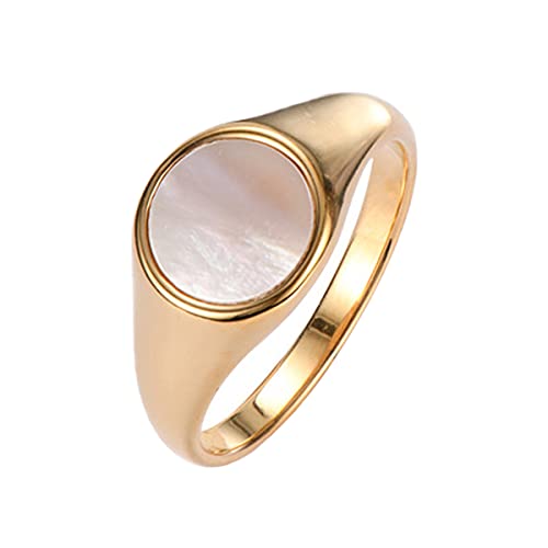 Nrlry Titanium Steel 18K Gold Plated Dome Chunky Rings Thick Gold Rings for Women Girls Gold Round Ring Minimalist Mother of Pearl Statement Ring Size 5-10-Gold10