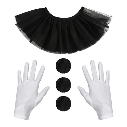 5Pcs Clown Costume Accessories Women Clown Ruffle Collar Pompom Balls and Gloves for Halloween Cosplay Party Black