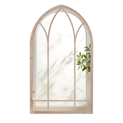 COSTWAY Arched Window Wall Mirror Farmhouse Hanging Accent Decorative Mirror Indoor Outdoor Metal Frame Wall Mounted Windowpane Mirrors for Hallway Living Room Garden (Rustic Grey 83x48cm)