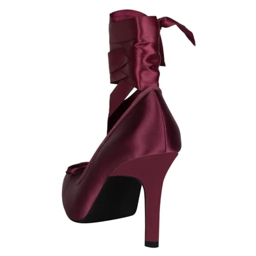 FSJ Women Square Toe Bow Tie Satin Ballet High Heel Sexy Lace-up Stiletto Pumps Elegant Mary Janes Party Shoes Size 4-16 US4