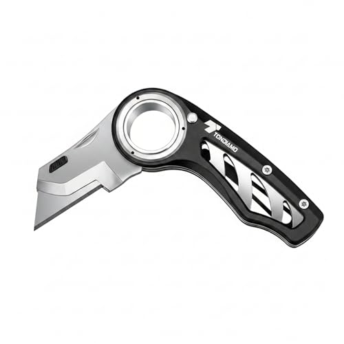 Image of Tondiamo 1 Pcs Utility Pocket Knife Folding Heavy Duty Box Cutter with Anti Slip Finger Loop Razor Knife Quick Change Blade 3 Lock Position Design for Home Office Warehouse (Black)