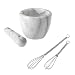 Produktbild Westmark Mörser-/Schneebesen-Set, 3tlg., 1 Mörser mit Stößel aus Marmor + 2 Mini-Schneebesen, Marmor/Rostfreier Edelstahl 18/8, Weiß-grau/Silber, 695922E6