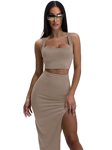 Image of ELLEVEN Two Piece Maxi Skirt Sets for Women, Square Neck Tank Tops with High Side Slit Dress Sets Summer Outfits