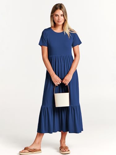Image of ANRABESS Womens 2026 Summer Casual Maxi Dress A line Tiered Flowy Short Sleeve Crewneck T Shirt Beach Travel Long Dresses