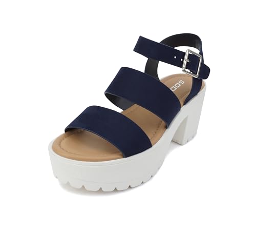 Image of Soda ACCOUNT ~ Women Open Toe Two Bands Lug sole Fashion Block Heel Sandals with Adjustable Ankle Strap