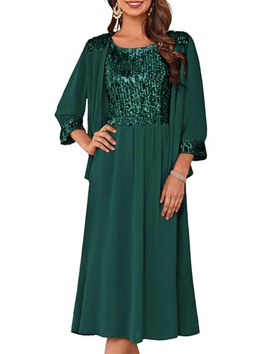Image of GRACE KARIN Formal Wedding Guest Dress Sequin Mother of The Bride Dresses | Two Piece,3 /4 Sleeve,Tea Length,Crew Neck,Fit and Flare,Chiffon,Suitable for Spring /Summer /Fall /Winter /Cocktail /Party /Prom
