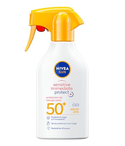 NIVEA SUN Sensitive Immediate Protect Spray Solare SPF 50+ 250 ml, Crema solare 50 spray contro le allergie solari, Protezione solare 50+ con Aloe Vera per pelle sensibile, Senza profumo, Waterproof