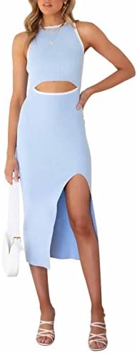 Womens Sleeveless Bodycon Dress High Slit Cut Out Rib Knit Tank Midi Dress Light Blue S