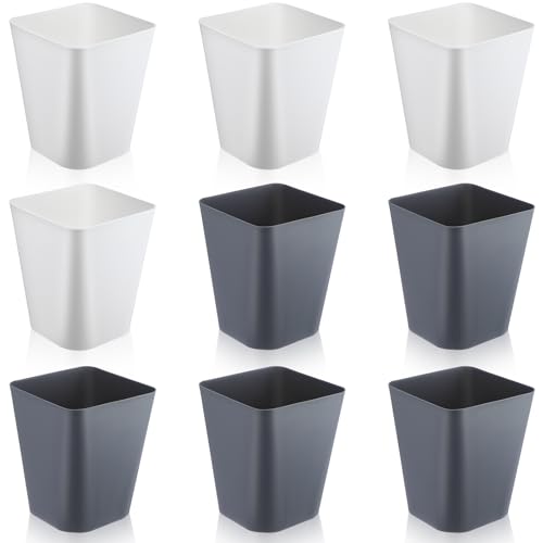 Image of Hoolerry 9 Pieces Garbage Can 2 Gallon Small Trash Cans Bulk Bathroom Trash Bin Plastic Wastebasket Square for Bedroom Slim Bathroom Trashcan Small Container for Kitchen Office Home Rooms(White,Grey)