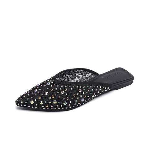 Women's Mesh Rhinestone Flat Mules Sexy Shiny Pointed Toe Breathable Slip-On Slingback Fishnet Ballerina Flats Causal Comfortable Daily Dress Shoes