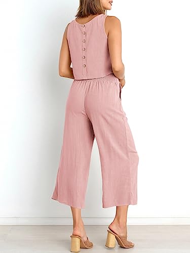 Image of ANRABESS Women's Summer 2 Piece Outfits Sleeveless Tank Crop Button Back Top Cropped Wide Leg Pants Set Pockets