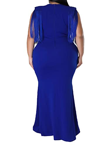 Women's Sexy V Neck Tassels Sleeve Wrap V Neck Zipper Solid Vintage Evening Bodycon Club Maxi Dress Blue 2Xl #TOP4