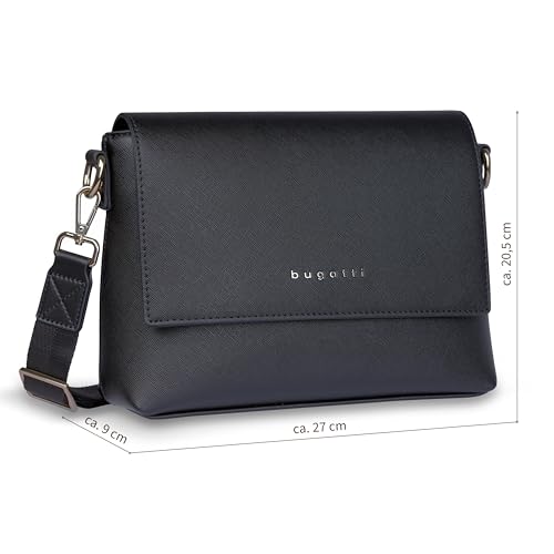 bugatti Ella Schultertasche für Damen, Frauen-Umhängetasche in Saffiano-Art aus Kunstleder, schwarz
