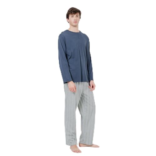 TRAMAS+ Pijama de Hombre Largo,100% Algodón, con Manga Larga y Pantalón Largo, Conjunto de Ropa para Dormir Entretiempo - S, Revilla, Azul Marino