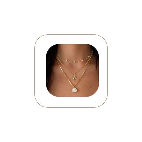 Sargetou Charm Necklaces for Women,14k Gold Plated Waterproof Dainty Choker Necklaces Summer Seashell Flower Pearl Beach Cute Cuban Paperclip Necklace Set Fashion Jewelry Gift