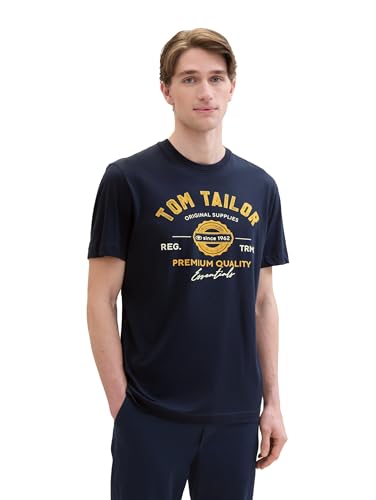 TOM TAILOR Herren T-Shirt mit Logo-Print aus Baumwolle, Dark Blue, S – Ansicht 1