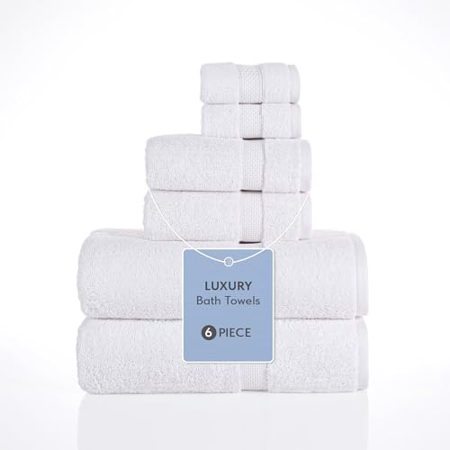 TrendShine Bath Towels 100% Turkish Cotton Towels for Bathroom Set of 6 - Soft & Absorbent Bathroom Towel Set, 2 Bath Towels, 2 Hand Towels, 2 Washcloths, Quick Dry Towels, Premium Essentials (White)