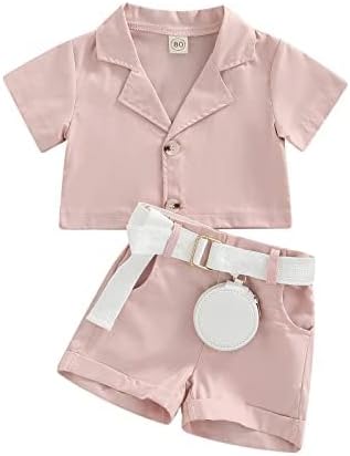 Bold N Elegant Cotton Girl Luxury Western Crop Top Shirt With Shorts Belt And Purse Trendy Party Co-Ord Set Dress For Litle Girl's