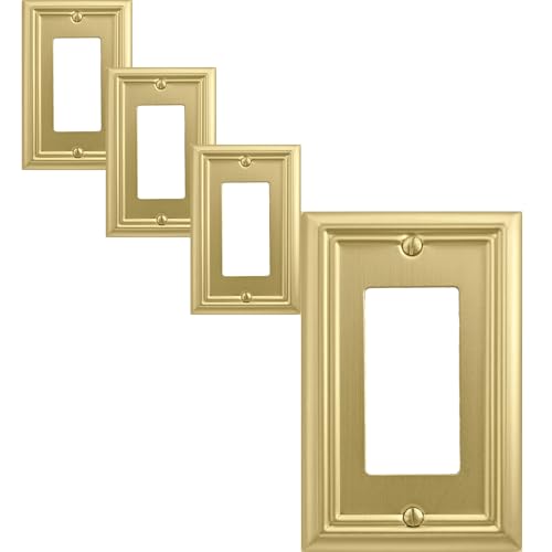 OKAWYC Single Decorator Light Switch Cover Adler Metal Wall Plate, 4-Pack Brushed Brass 1 Gang Single Rocker, for Receptacle Dimmer Switch GFCI Outlet Decorative Wallplate, Durable