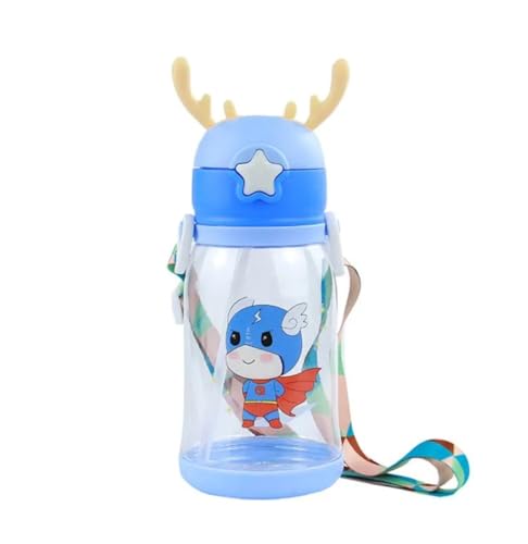 Garrafa Infantil Com Canudo Bico Silicone Desenho Chifre Alce Alça Tampa Antivazamento Escolar (Azul