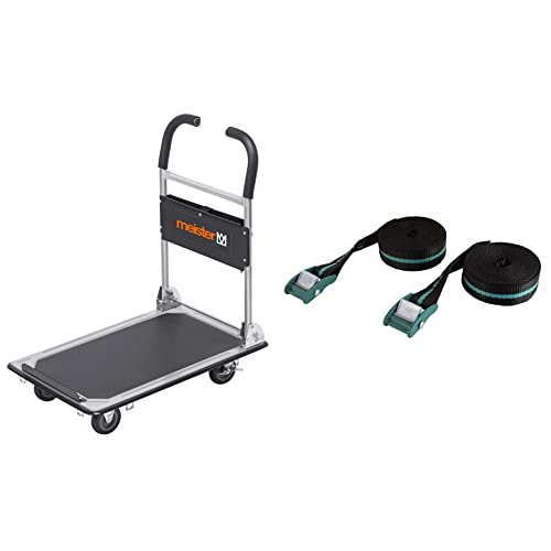 Meister 8985620 Chariot Plateforme Cut-Off - Pliable 150 kg & wolfcraft 3421000 2 Sangles de Serrage | Longueur 4 m | Force de Serrage 120 kg,Argent