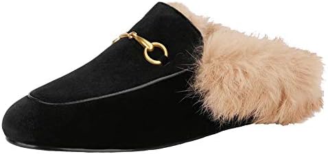 Fur Mules for Women Leather Slip-on Rabbit Furny Loafers Comfort Flats Slide Casual Shoes Black Velvet