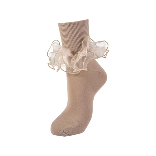 Image of Women Big Ruffle Ankle Socks Adult Double Lace Frilly Socks Fold Cuff Cotton Ruffled Dress Crew Bobby Bride Sock
