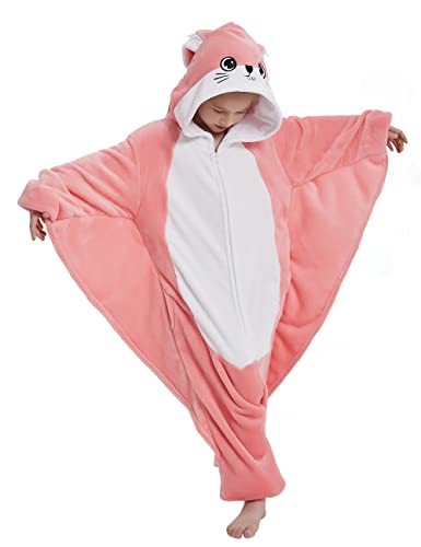 ABASACO Flying Squirrel Onesie Kids Plush Animal Costume One Piece Pajamas Girls Teen Halloween Cosplay Sleepwear Pink 10-11 Years