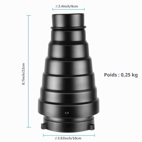 Neewer Kit de Snoot Conique en Alliage d'Aluminium Moyen avec Grille en Nid d'abeille et 5 Pièces Filtres de Gel de Couleur pour Studio Strobe Monolight Photographie Flash à Bowens Monture (22cm) – vue 3