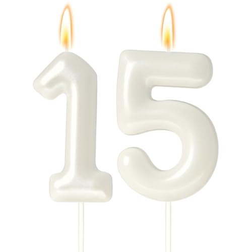 15 Candles 10th Birthday Decorations for Girls White 15th Candle for Beige Birthday Decorations 15 Cake Topper for 15 Year Old Girl Cream Birthday Party Decor Party Supplies Favors(Number 15 Candle)