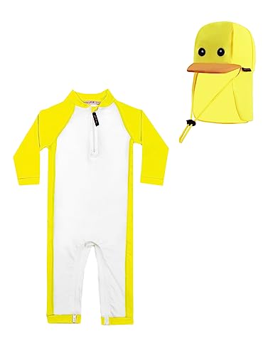 weVSwe Baby Boy Swimsuit Long Sleeve Beach Swimwear One Piece Toddler Swimsuit Boy Sunsuit UPF 50+ Proetection Yellow Duck Baby Rash Guard with Sun Hat 12-18 Months
