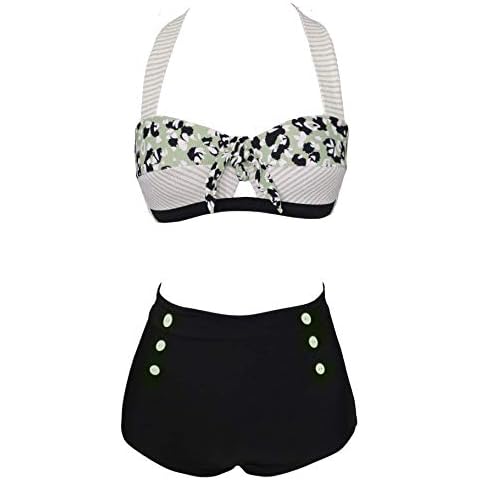 Women's Floral Halter High Waist Bikini Swimsuit Floral Printing Bathing Suits 2 Pieces Cover